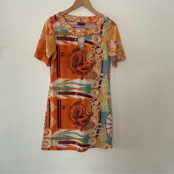 ISLE size small orange geometric short sleeve midi dress - Picture 3 of 4